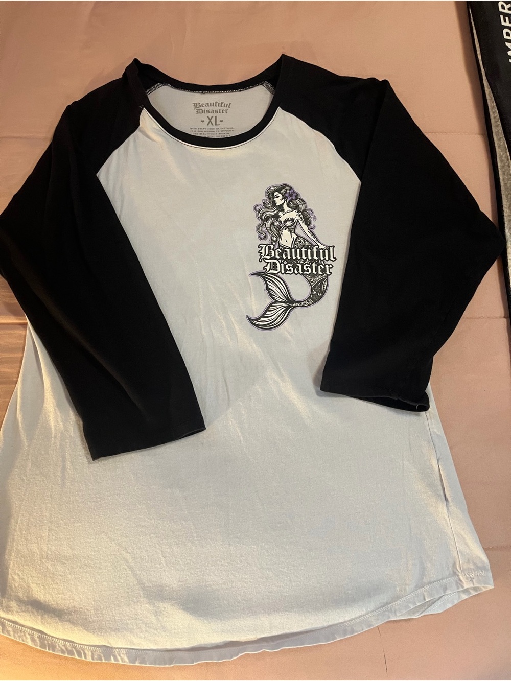 Women’s Raglan Tee - Black & White with Mermaid Graphic